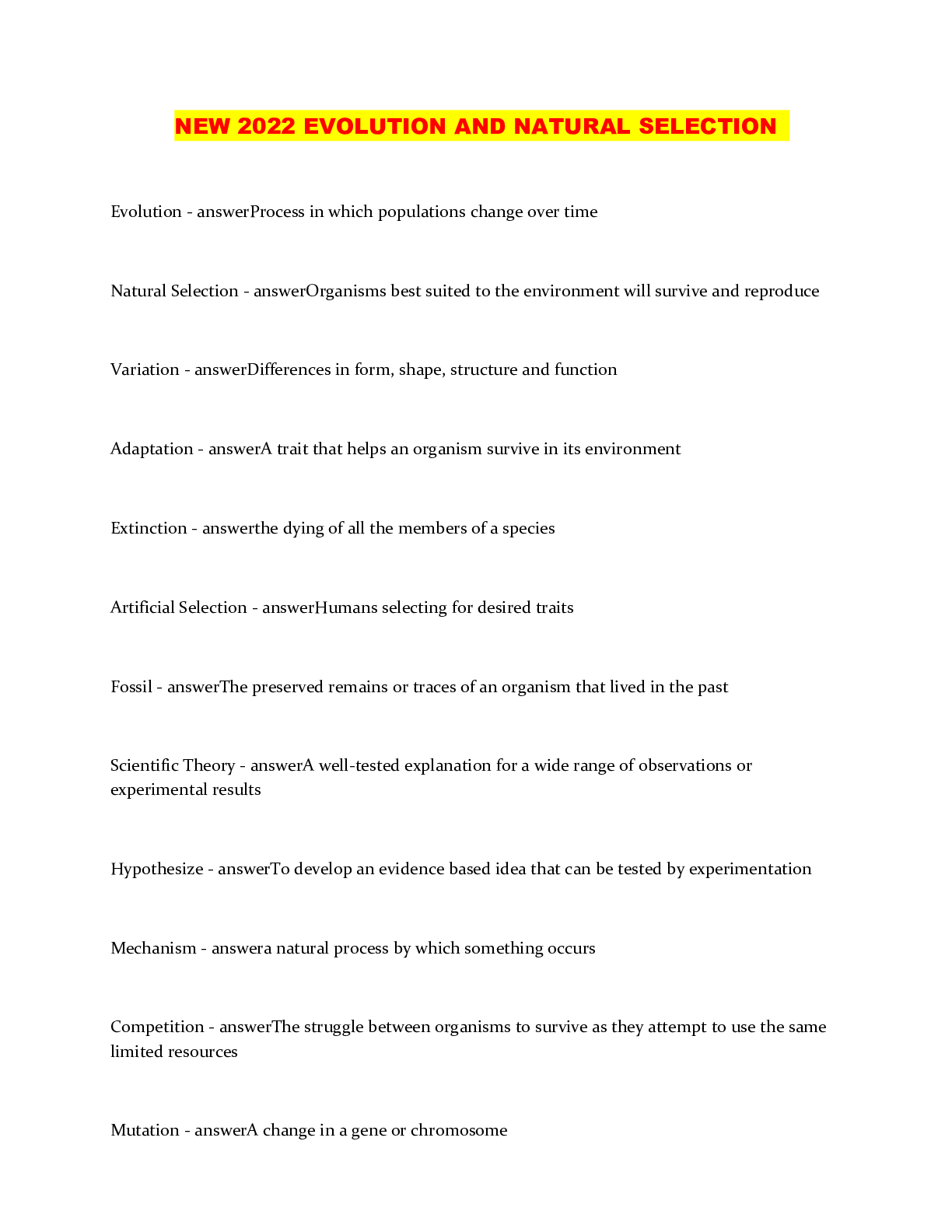 Preview image of NEW 2022 EVOLUTION AND NATURAL SELECTION document